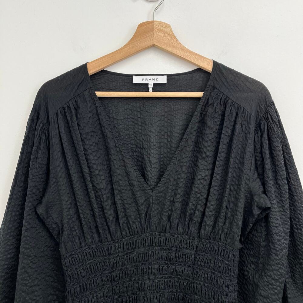 FRAME V-Neck Textured Smocked Blouson Puff Sleeves Mini Dress XS - Picture 5 of 15